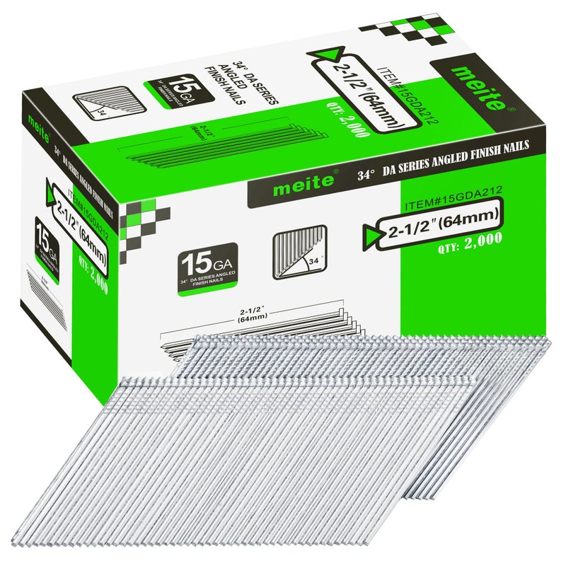 meite 15 Gauge Angled Finish Nails, 2-1/2-Inch 34 Degree Angled Galvanized Finishing Nails for Nailer Guns - Perfect for Window Trim, Cabinet Building and Other DIY Projects (2,000 Counts) - Image 1